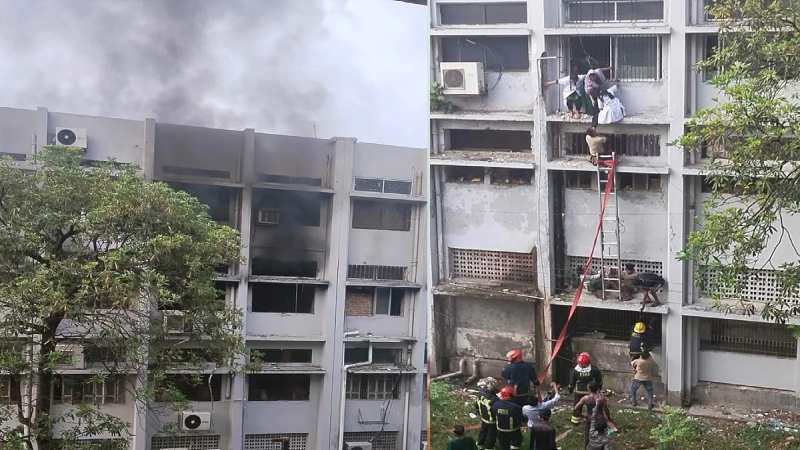 খুলনা মেডিকেল কলেজে আগুন, জানালা দিয়ে লাফিয়ে পড়ে আহত কয়েকজন