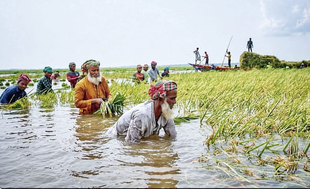 ‘পানির তলে ক্ষেতের ধান অহনো‌ রইছে, কাটবার মানুষ পাই না’